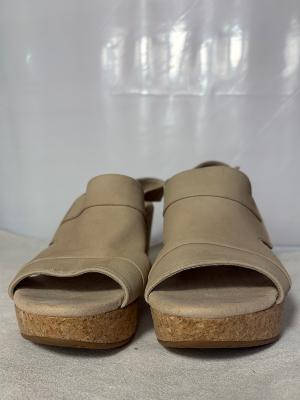 Clarks Taupe Leather Cork Slingback Wedges - Picture 2 of 12